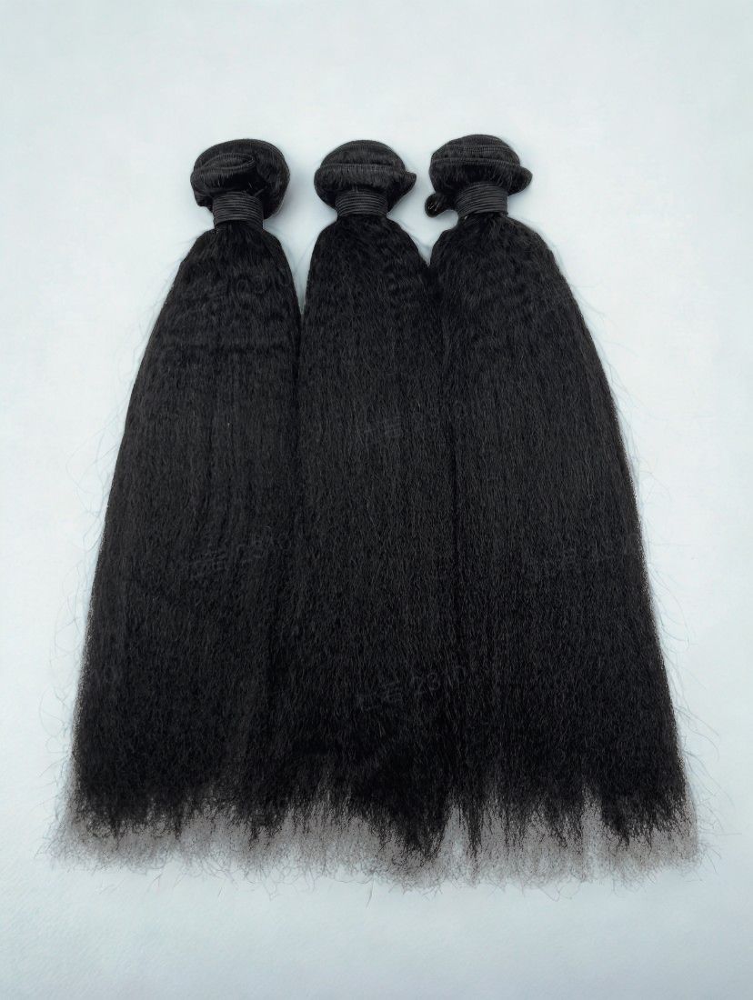 Kinky straight wefted human hair bundle for sew-ins.