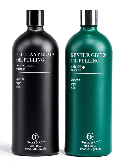 Ayurvedic Oil Pulling Set – Brilliant Black® Charcoal Whitening + Gentle Green® Neem & Moringa, 2 × 6.75 oz