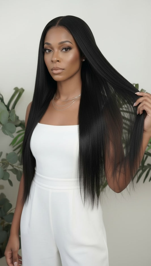 Straight wefted human hair bundle for sew-ins.
