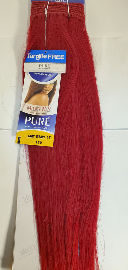 human hair tangle-free weave; 14 inch Yaky; straight; weft; sew-in