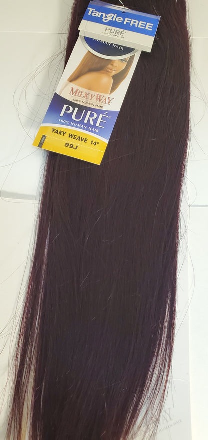 human hair tangle-free weave; 14 inch Yaky; straight; weft; sew-in