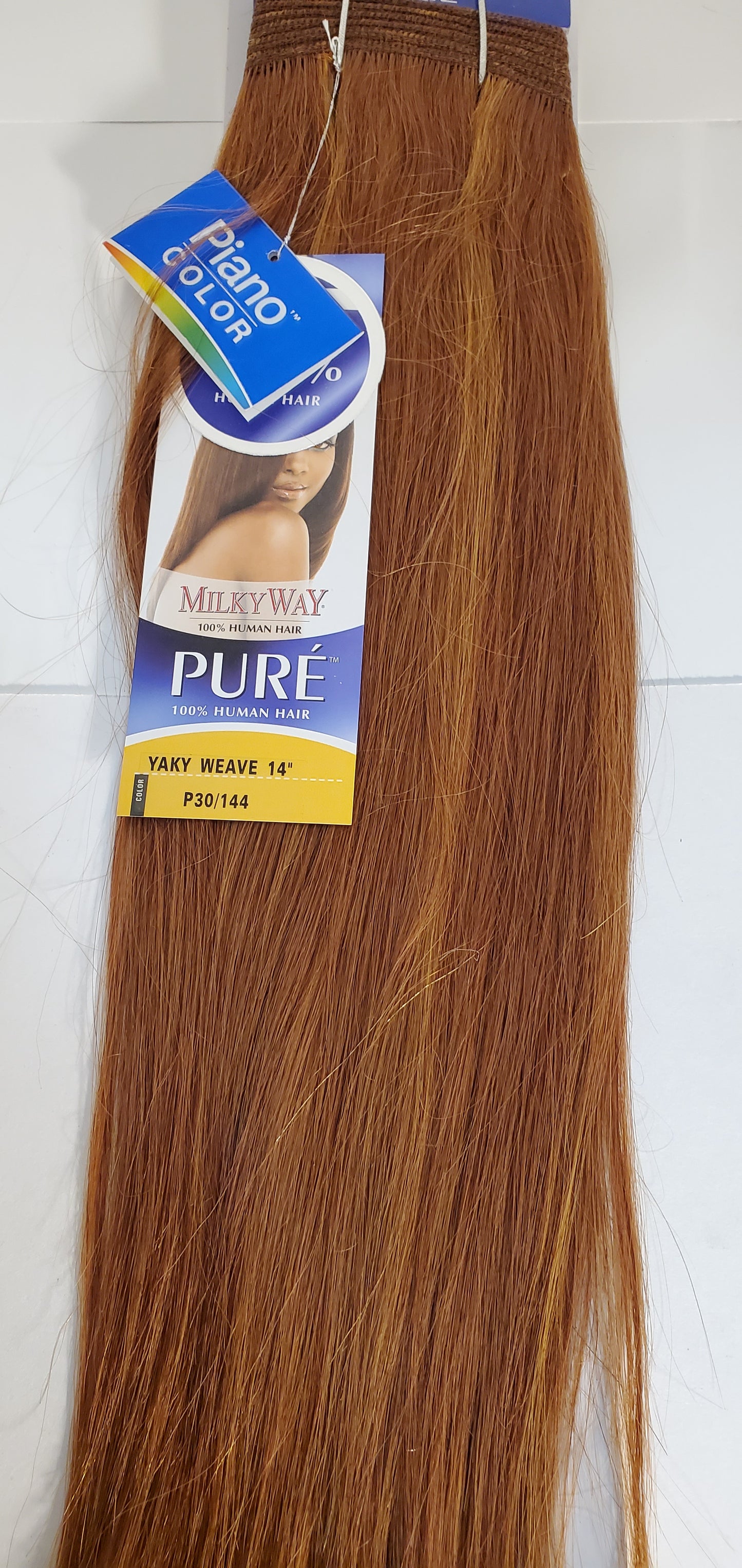 human hair tangle-free weave; 14 inch Yaky; straight; weft; sew-in