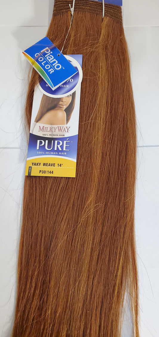human hair tangle-free weave; 14 inch Yaky; straight; weft; sew-in
