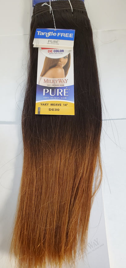 human hair tangle-free weave; 14 inch Yaky; straight; weft; sew-in