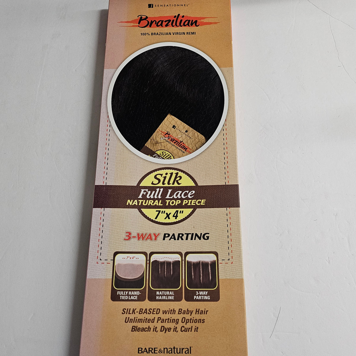Brazilian silk full lace natural top piece 7 inch x 4 inch - natural straight - 3-way parting