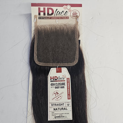 HD lace 4 x 4 closure with baby hair - virgin human hair - natural straight - 18 inch