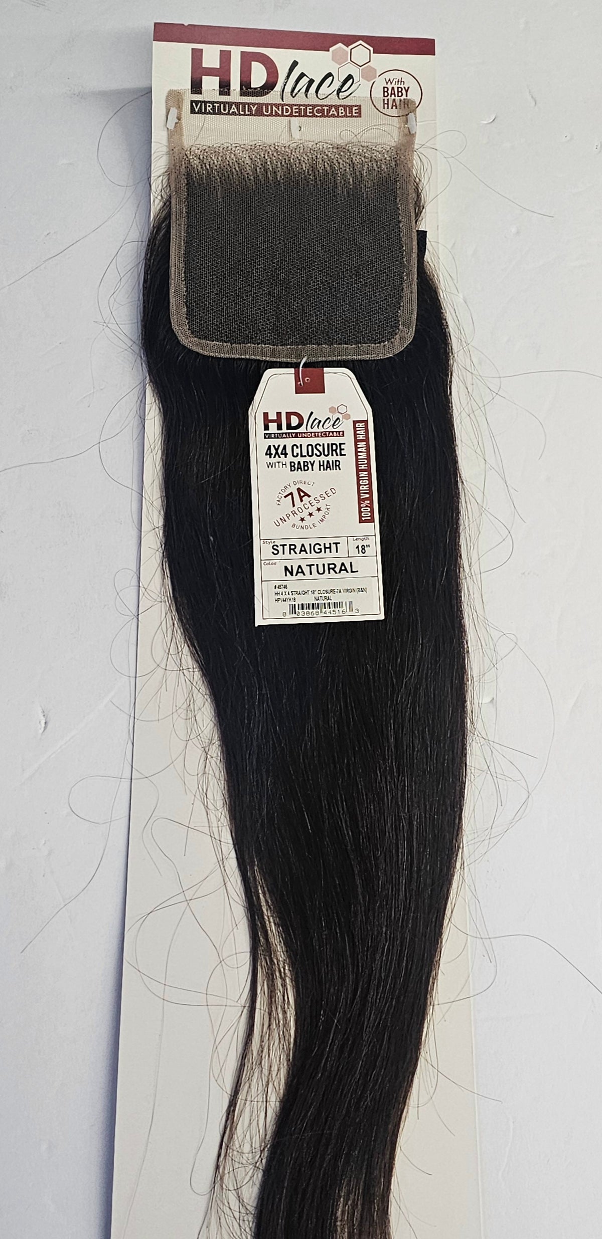 HD lace 4 x 4 closure with baby hair - virgin human hair - natural straight - 18 inch