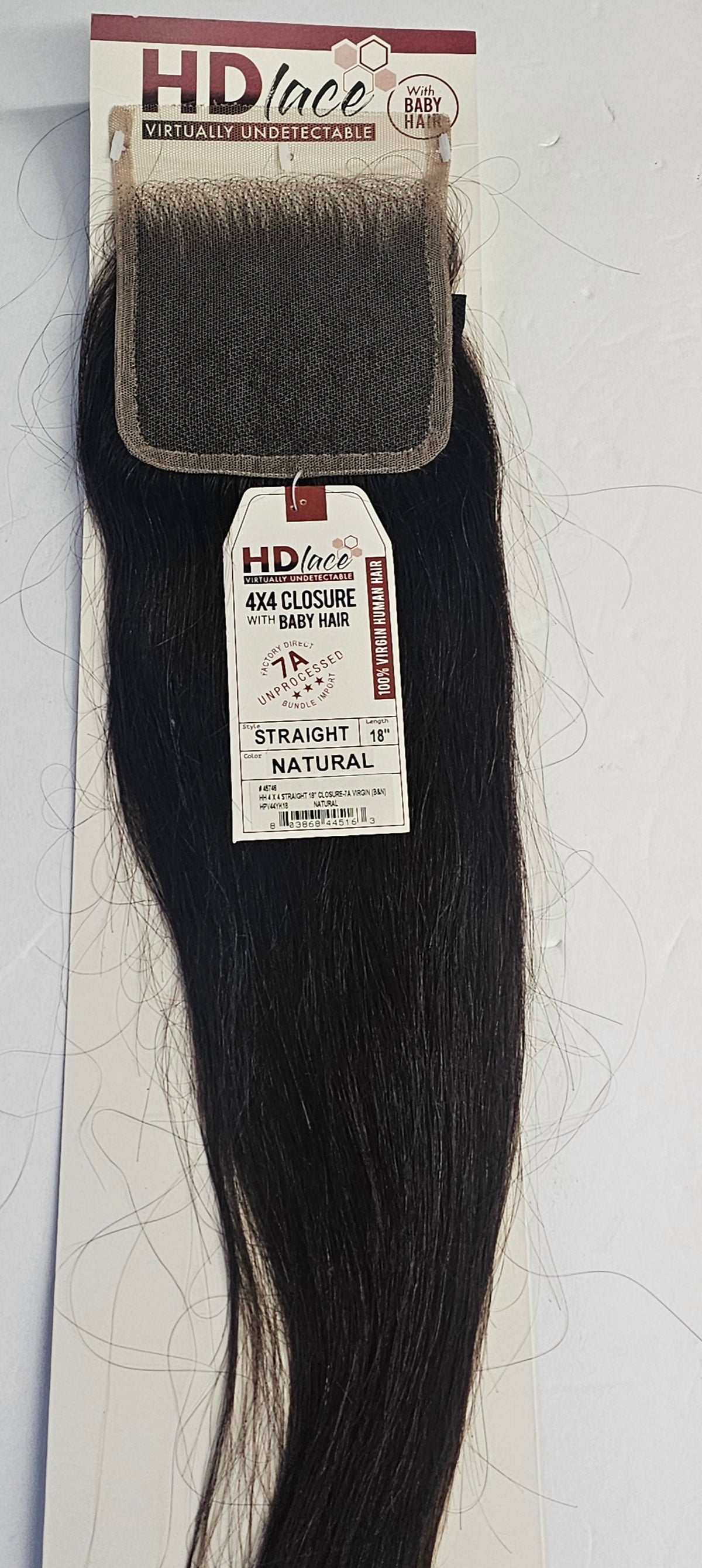 HD lace 4 x 4 closure with baby hair - virgin human hair - natural straight - 18 inch