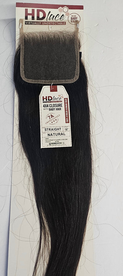HD lace 4 x 4 closure with baby hair - virgin human hair - natural straight - 18 inch