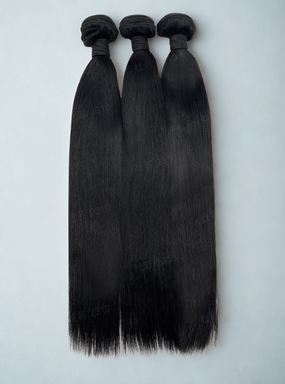 Straight wefted human hair bundle for sew-ins.