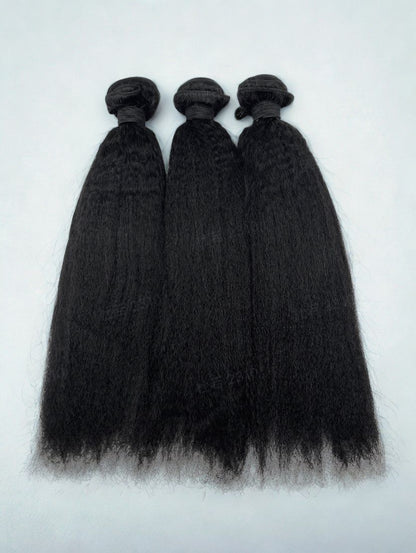 Kinky straight wefted human hair bundle for sew-ins.