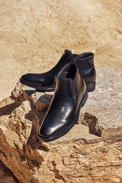 TOTO - W0370 - 2.6 Inches Taller (Black) - Soft Supple Genuine Leather Mid-Top Ankle Zipper Boot