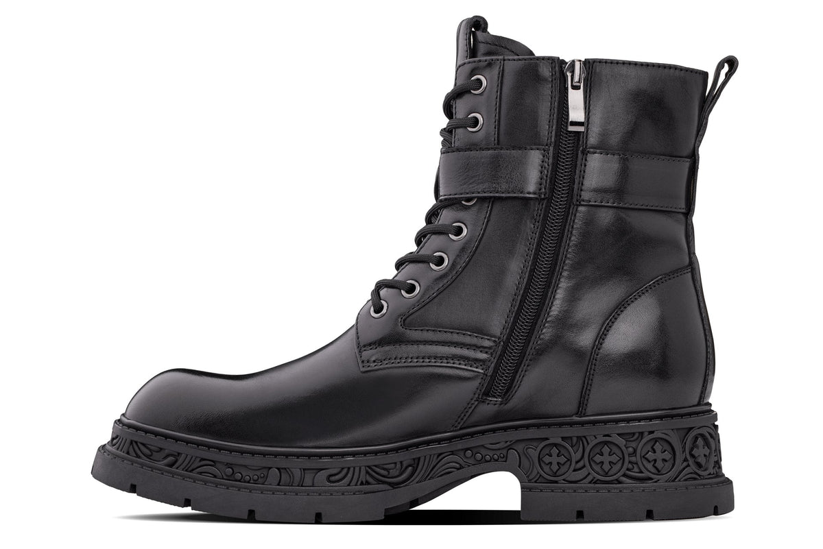 TOTO - W0661 - 3.2 Inches Taller (Black) - Chunky Sole Biker Style High Top Zipper Boot
