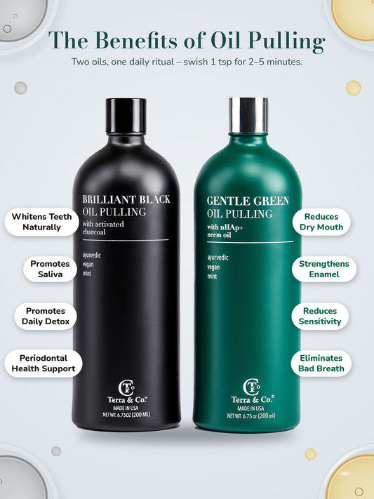 Ayurvedic Oil Pulling Set – Brilliant Black® Charcoal Whitening + Gentle Green® Neem & Moringa, 2 × 6.75 oz