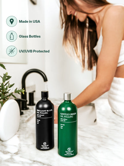 Ayurvedic Oil Pulling Set – Brilliant Black® Charcoal Whitening + Gentle Green® Neem & Moringa, 2 × 6.75 oz