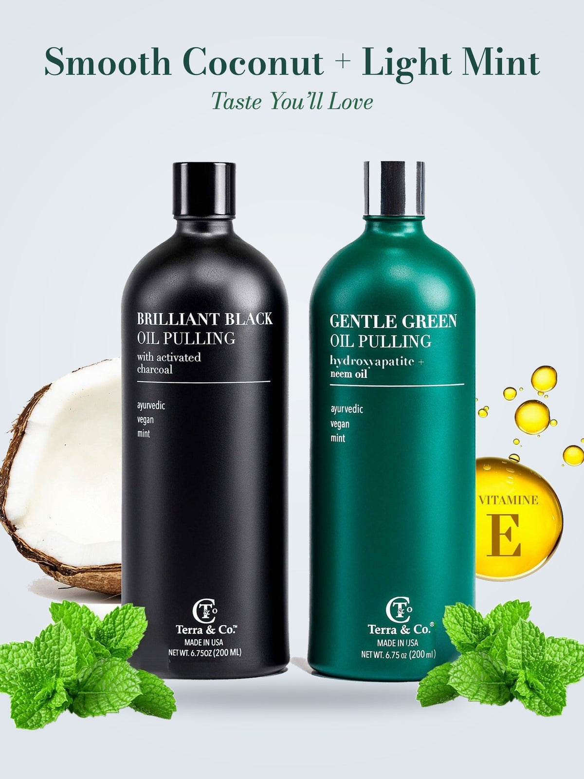 Ayurvedic Oil Pulling Set – Brilliant Black® Charcoal Whitening + Gentle Green® Neem & Moringa, 2 × 6.75 oz