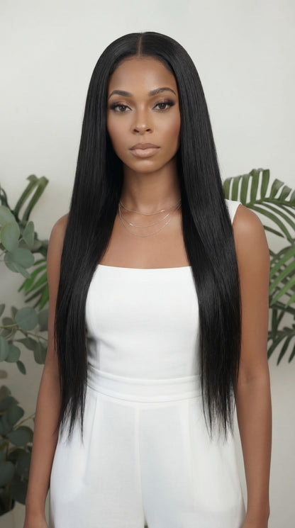 Straight wefted human hair bundle for sew-ins.