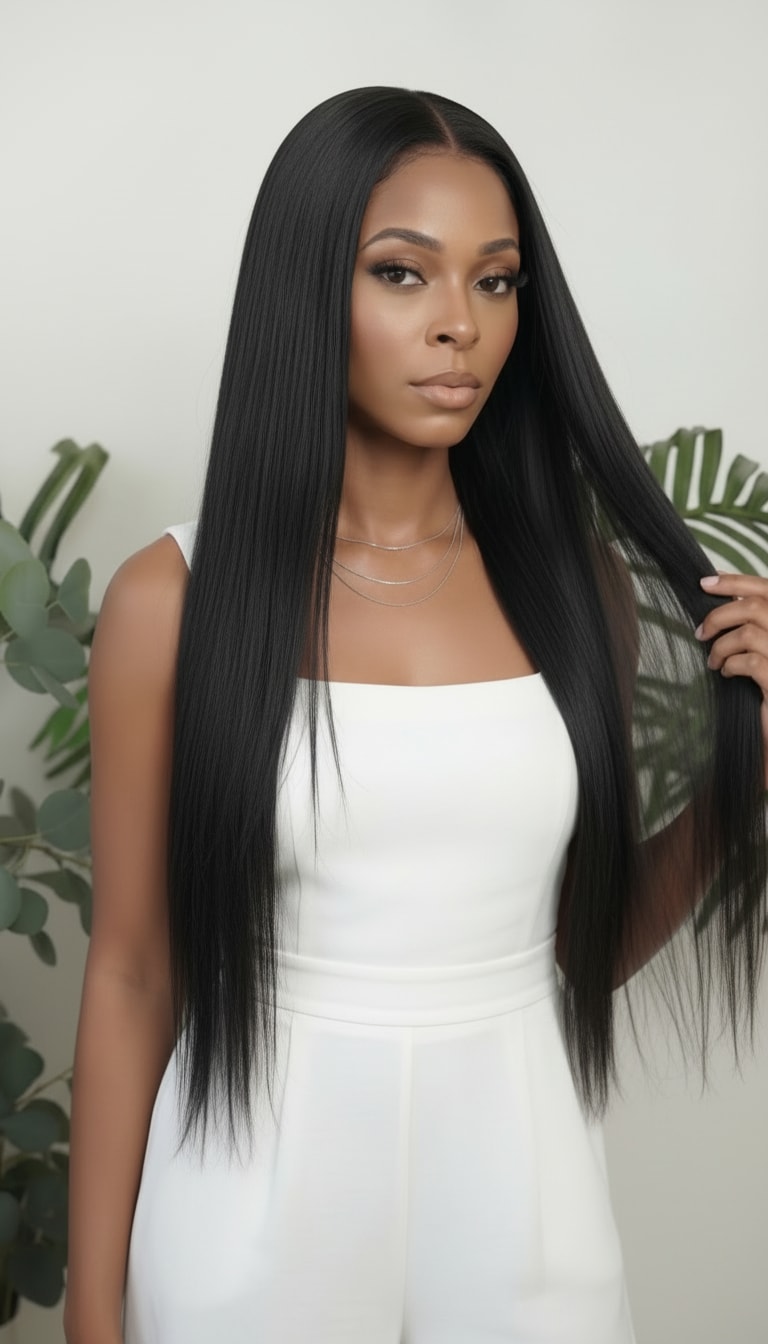 Straight wefted human hair bundle for sew-ins.
