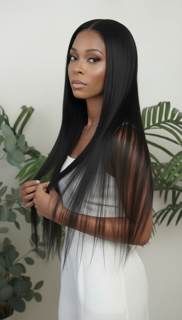 Straight wefted human hair bundle for sew-ins.