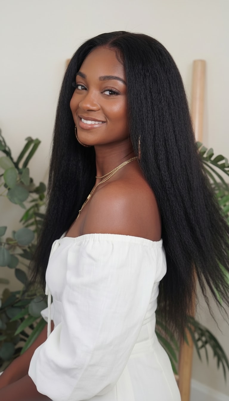 Kinky straight wefted human hair bundle for sew-ins.